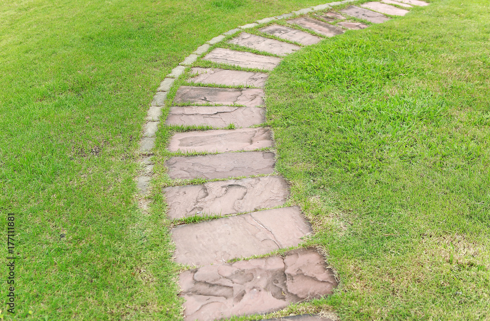 Stone walkway in the park with green grass background.