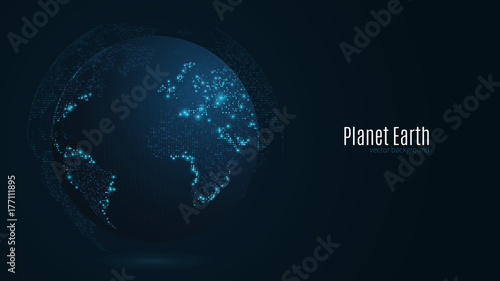 Abstract planet on a dark blue background. Earth. World map. Blue light. Sci-fi and hi-tech. Big cities. Map of points. The world population. World Network. Vector illustration