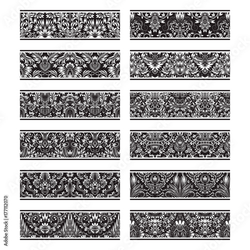 Floral patterned vintage elements for vector brushes creating. Borders templates kit for frames design and page decorations.