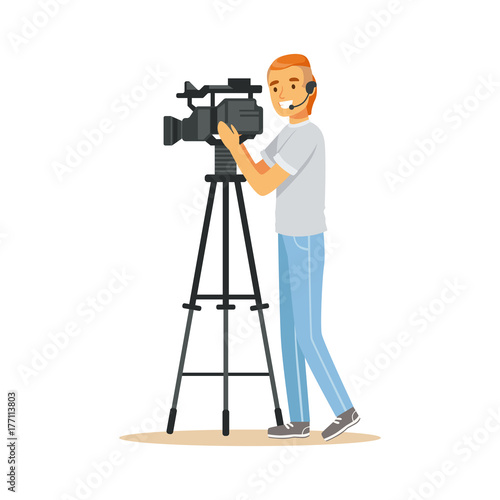 Television video operator with camera on tripod