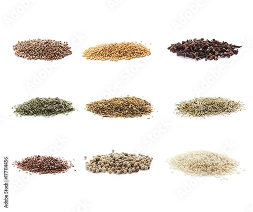 Collage of different seasoning on white background