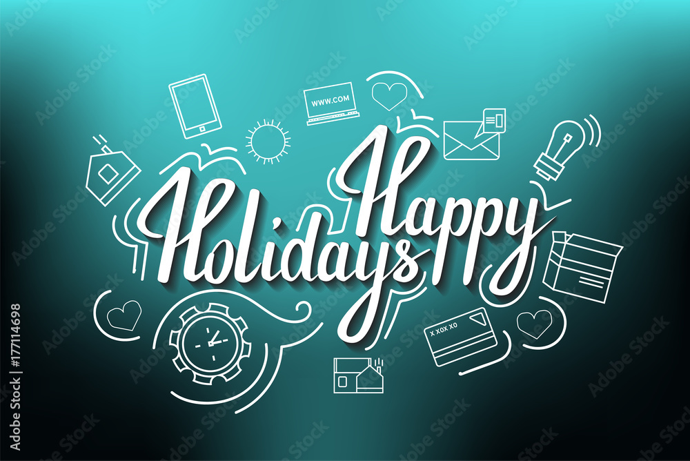 Naklejka premium The handwritten phrase Happy holidays on a blue background with icons.