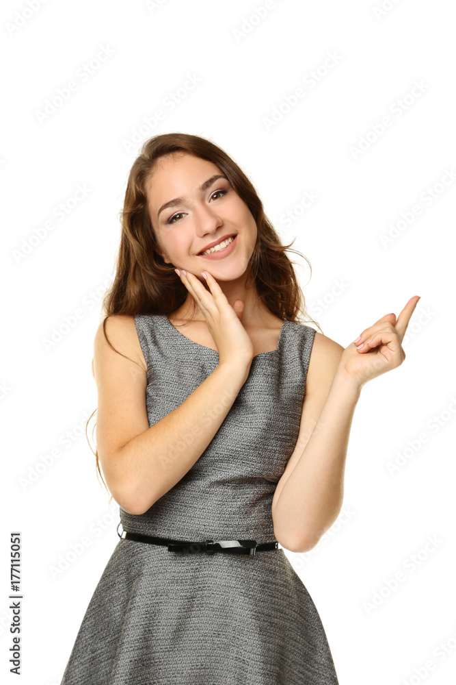 Portrait of young woman in dress on white background Portrait of young woman in dress on white background