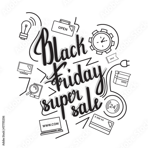 The handwritten phrase Black Friday Super Sale on a whine background with icons.