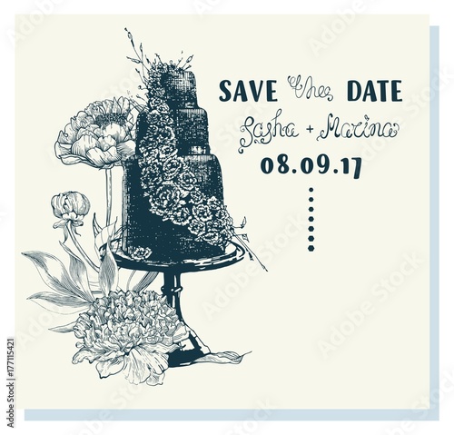 Ink sketch of wedding cake with floral decoration