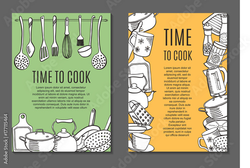 Vector illustration of flyers with kitchen ware.