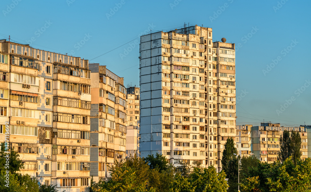 Soviet-era residential buildings in Troieschyna, a large neighborhood of Kiev, Ukraine