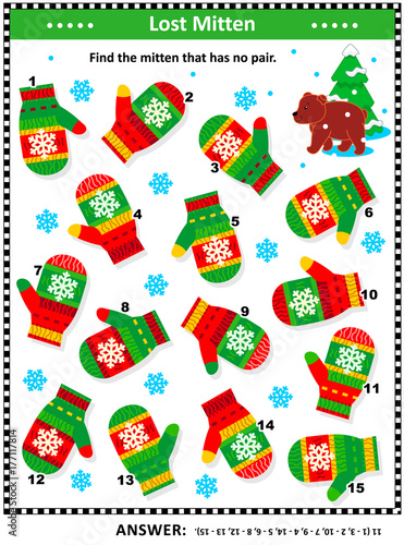 Winter, Christmas or New Year themed visual puzzle (suitable both for kids and adults): Find the mitten that has no pair. Answer included.
