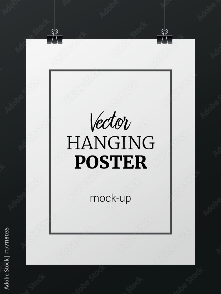 Vector realistic vertical hanging poster mock up for your design or picture on dark background Vector realistic vertical hanging poster mock up for your design or picture on dark background