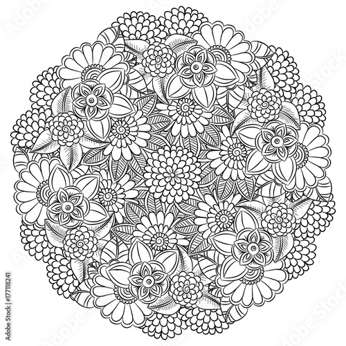Vector floral mandala in black and white. Round pattern for coloring