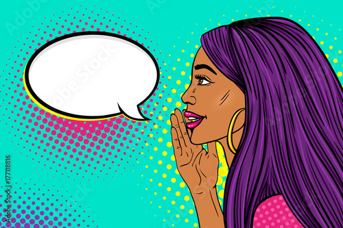 Wow female face. Profile of sexy surprised young woman with long purple hair and dark skin with a smile telling a secret and empty speech bubble. Vector background in pop art retro comic style.