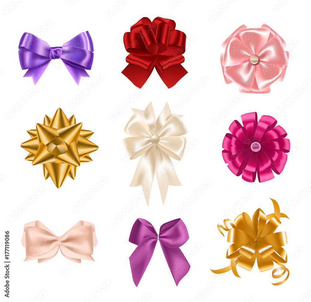 Collection of elegant colorful realistic silk bows of different types  isolated on white background. Set of beautiful holiday decorative elements,  shiny festive gift decorations. Vector illustration. Stock Vector