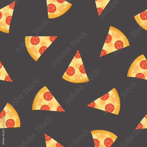 Colorful seamless pattern with delicious Pepperoni pizza slices on dark background. Tasty Italian fast food meal. Modern vector illustration for textile print, wallpaper, backdrop, wrapping paper.