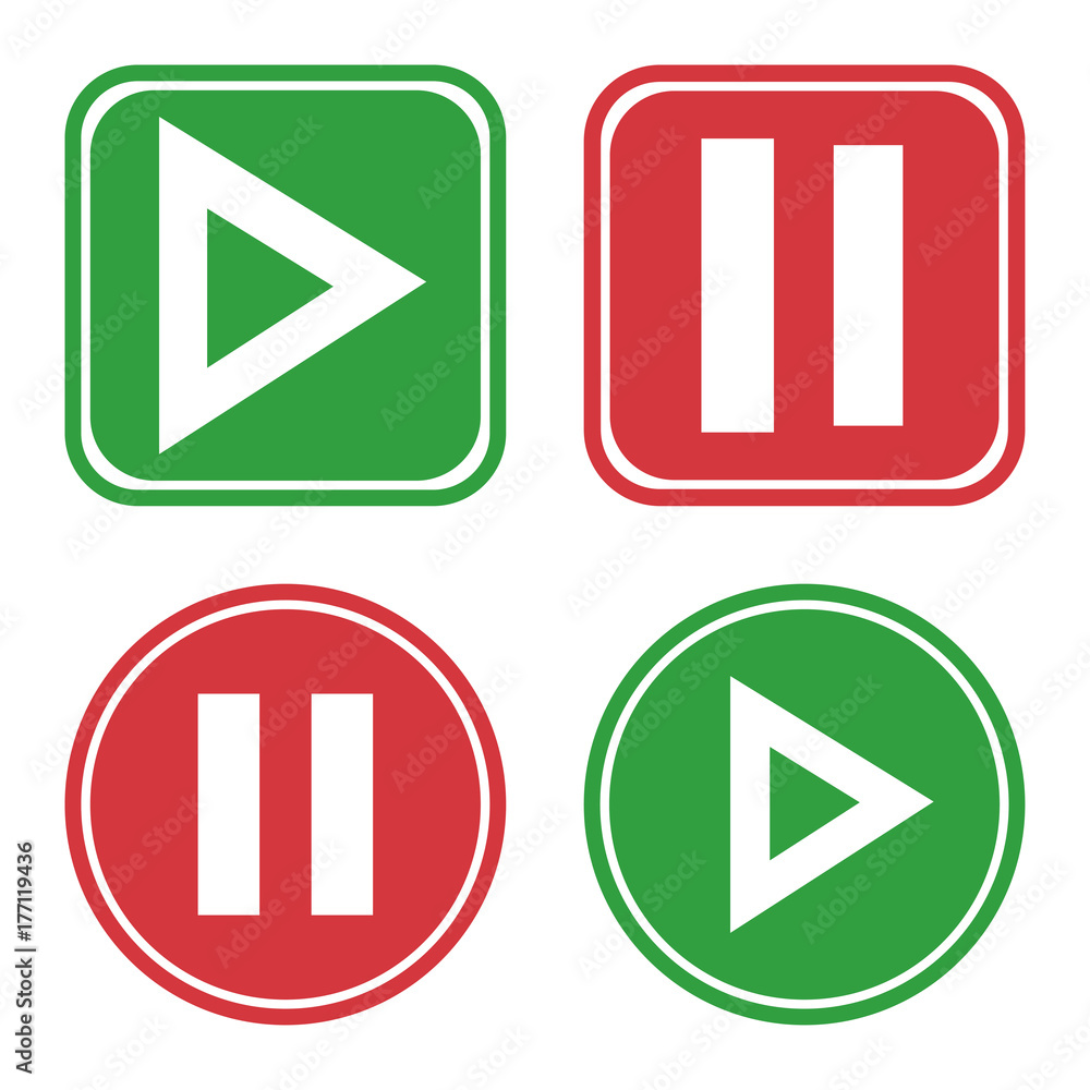 Multimedia buttons set. Red and green play button icon. Vector illustration Multimedia buttons set. Red and green play button icon. Vector illustration