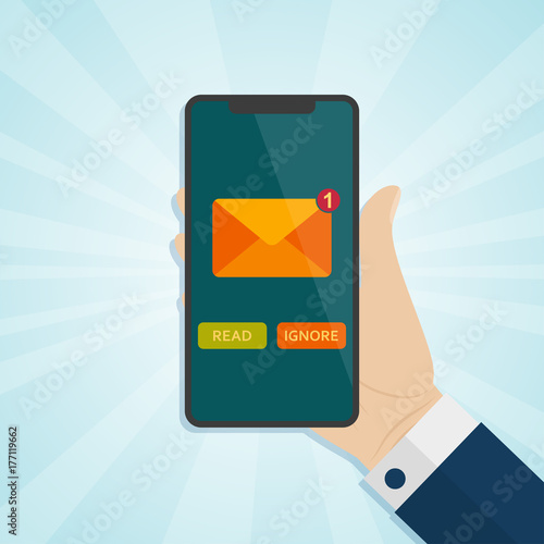 Hand holding smartphone with unread inbox message on screen . Vector illustration.