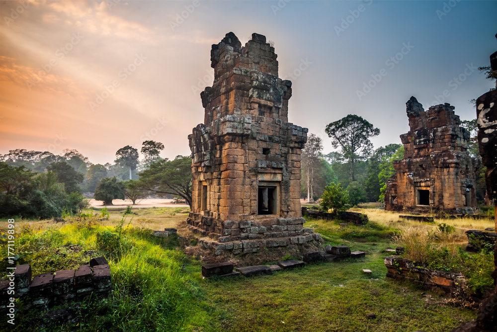 Fototapeta premium Angkor Thom gardens near the Elephants Terrace within the Angkor Temples, Cambodia. Angkor Wat Temple is the largest religious monument in the world. Ancient Khmer architecture