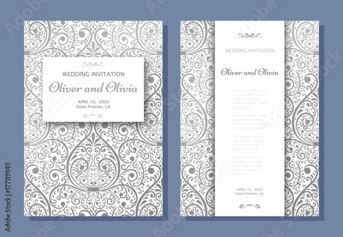 Set of wedding invitation templates. Cover design with silver Damask ornaments. Vector illustration