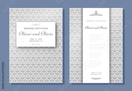 Set of wedding invitation templates. Cover design with silver swirl ornaments. Vector illustration