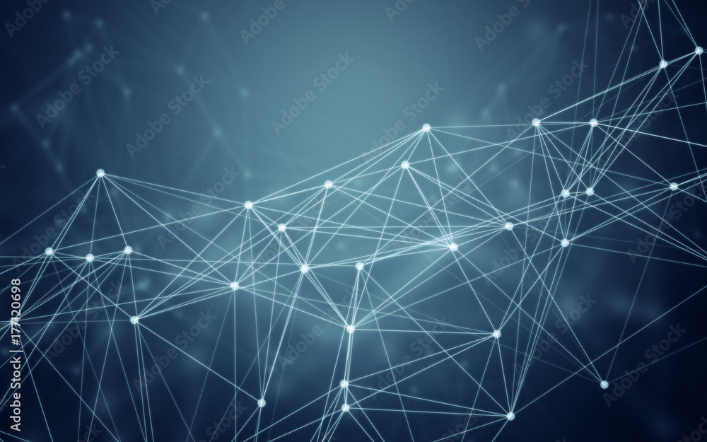 3D Abstract Polygonal Space Blue Background with White Low Poly Connecting Dots and Lines. Endless Mesh Representing Internet Connections in Cloud Computing. 3D Abstract Polygonal Space Blue Background with White Low Poly Connecting Dots and Lines. Endless Mesh Representing Internet Connections in Cloud Computing.