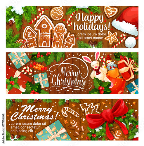 Merry Christmas gingerbread vector greeting banner