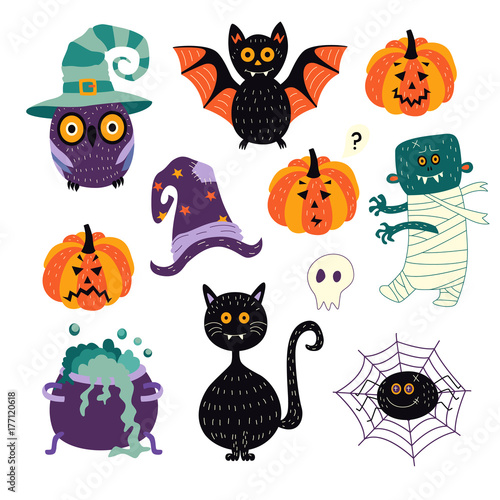 vector flat cartoon halloween autumn holiday symbols set. Black cat, bat pumpkins, zombie, withc bowl and hat, spider in net, owl in hat and skull. Isolated illustration on a white background.