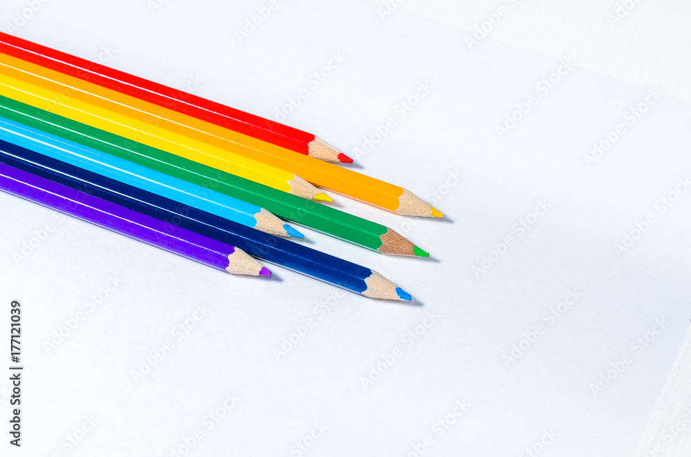 Color pencils, top view, white background Color pencils, top view, white background