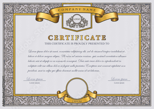 Vintage Vector Certificate Template with gold, luxury, ornamental frame and ribbons.