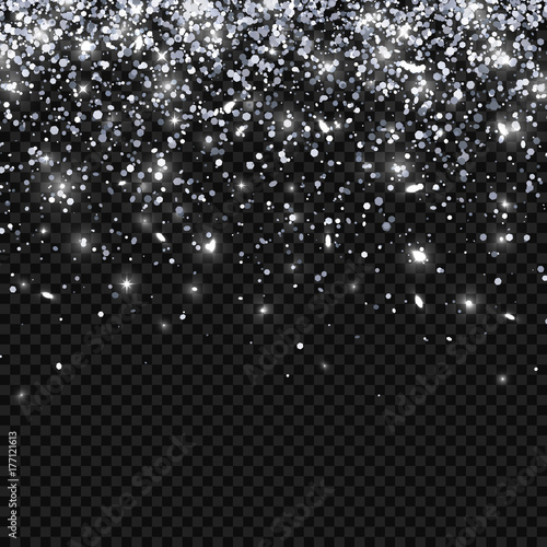 Silver glitter on dark transparent background, falling particles. Vector
