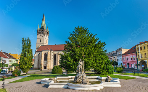 Fotografie Neptune Fountain and Cathedral of Saint Nicholas in Presov, Slovakia