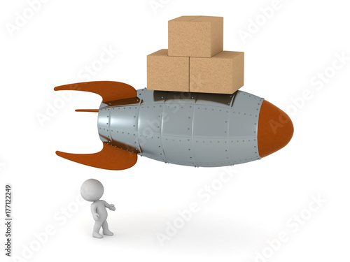3D Character with Crates Transported Fast by Rocket