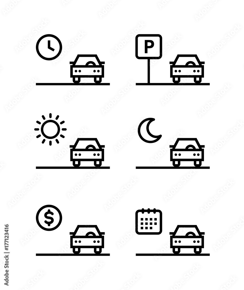 Car rent, parking, sell outline simple vector black icons on white background Car rent, parking, sell outline simple vector black icons on white background