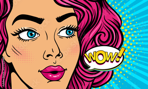 Wow female face. Closeup of sexy surprised young woman with open mouth and pink curly hair and Wow  speech bubble. Vector colorful background in pop art retro comic style. Party invitation poster.