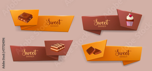 Set of elegant tape or ribbon banners with delicious desserts or tasty sweet courses - cookie, chocolate, cupcake. Colorful decorative elements. Vector illustration for bakery or confectionery ad.