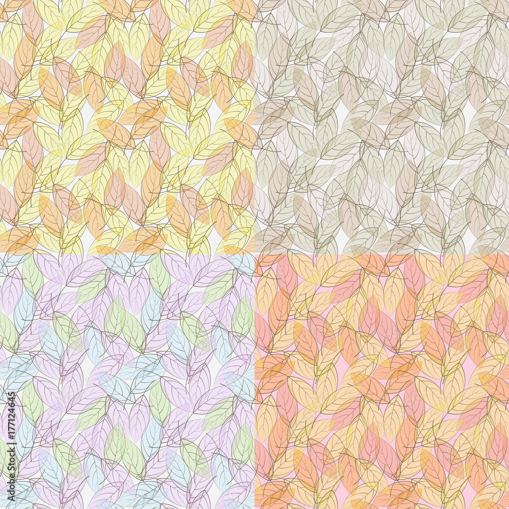 Seamless leaves background painted in 4 different ways. No mesh, gradient, transparency used. Objects grouped and named in English.