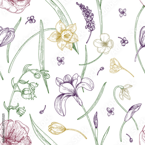 Elegant seamless pattern with gorgeous blooming spring flowers hand drawn with contour lines on white background