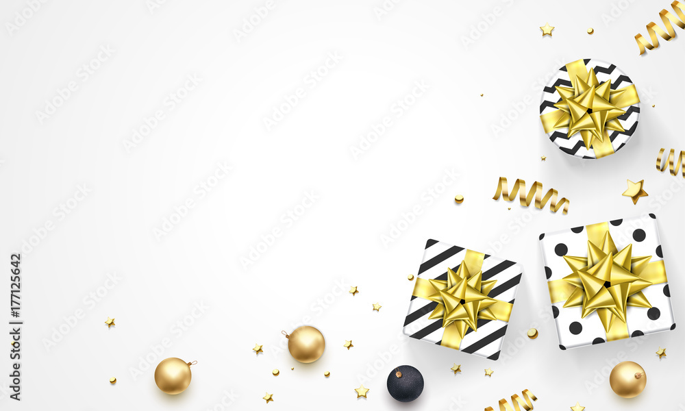 Fototapeta premium New Year or Christmas greeting card of golden gift ribbon bow and gold glittering star confetti glitter on premium white background. Vector template for Christmas winter holiday decoration or sale