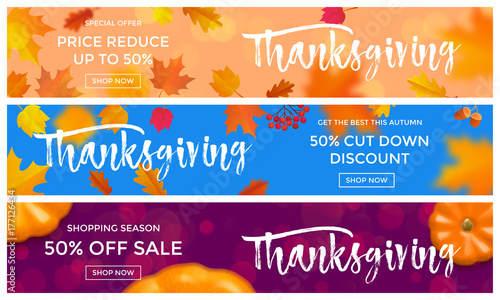 Thanksgiving sale or autumn special promo offer web banners background template. Vector pumpkin and maple leaf with calligraphy lettering for autumnal thanksgiving sale season design