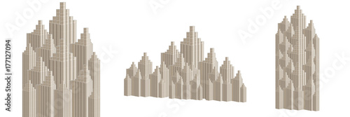 Silver coins stand vertically in columns ascending  isolated on white. Concept of revenue growth as tower and city