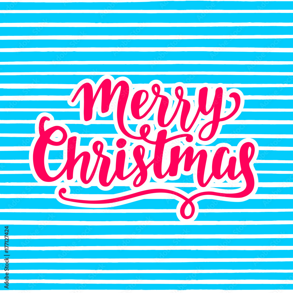 Merry Christmas greeting card. Hand lettering in pink and blue bright colors