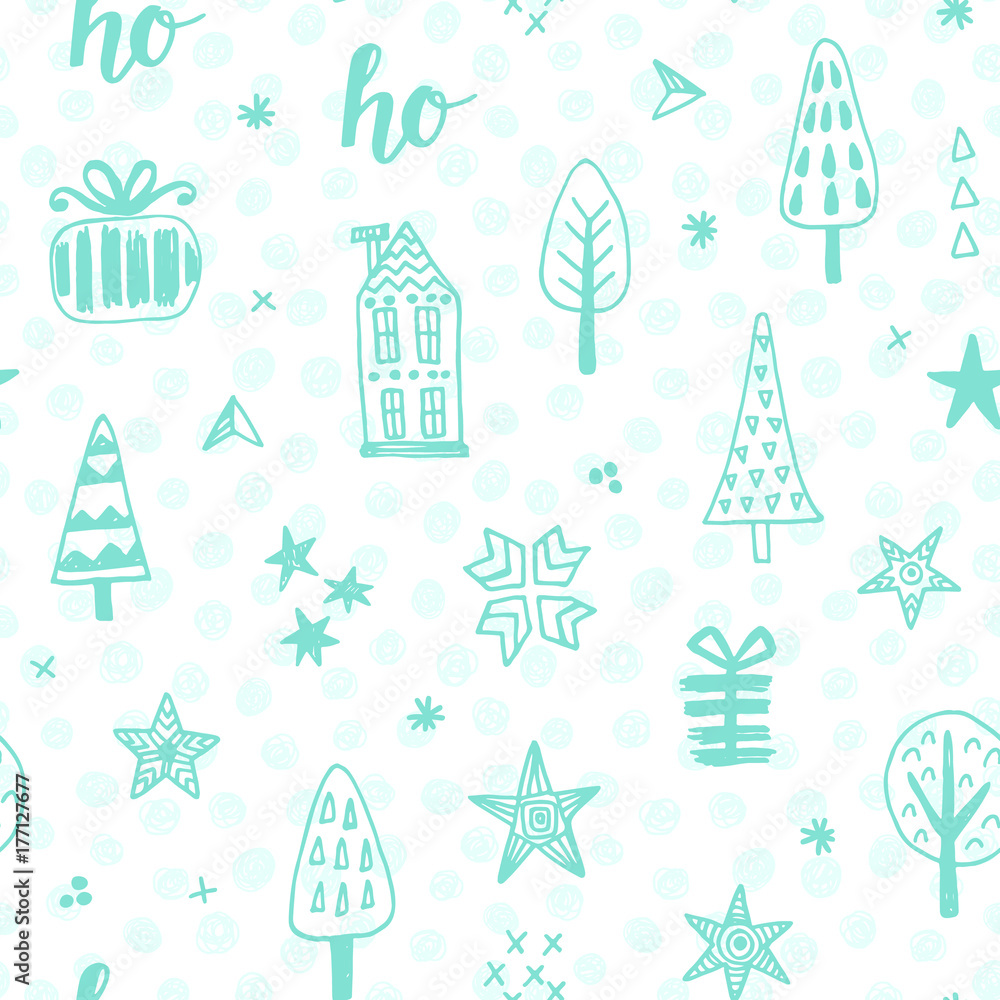 Christmas doodles seamless pattern in mint and white colors