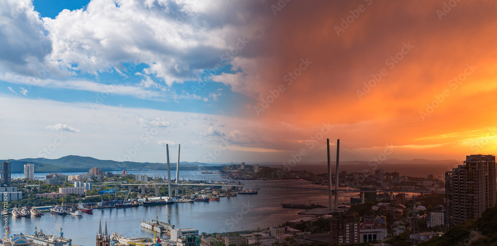 Vladivostok cityscape - collage image from day to sunset.