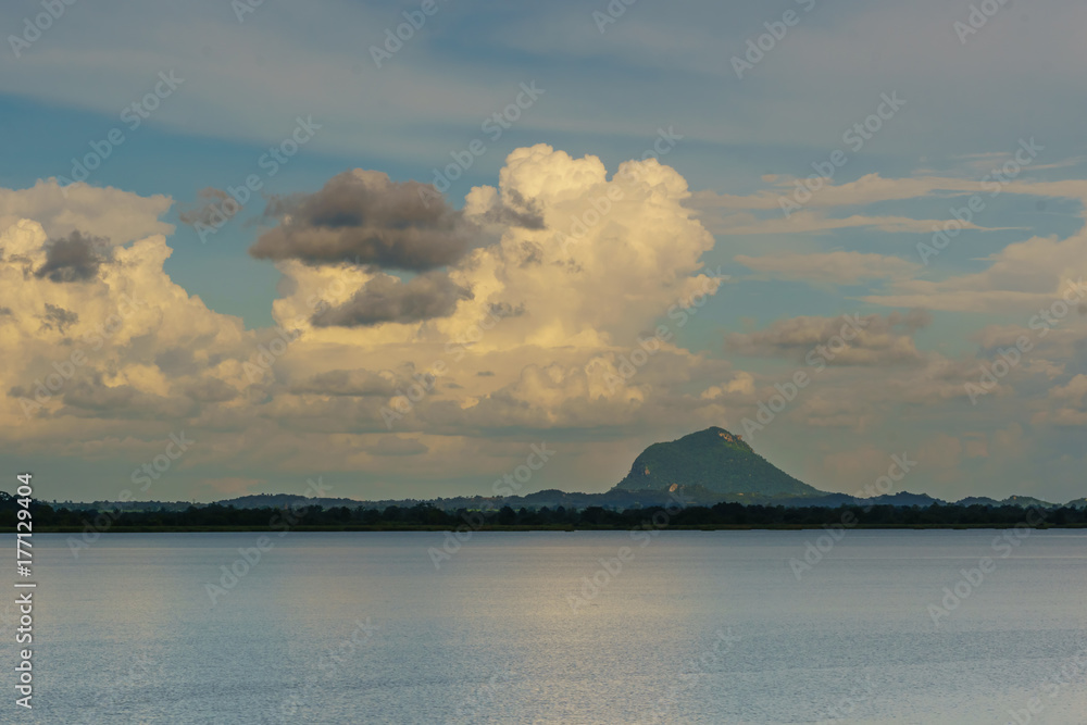 Blue sky with clouds over a quiet lake
