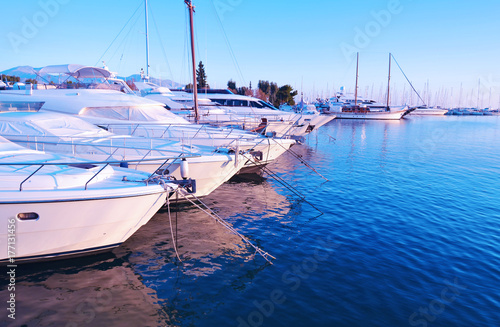 sailboats at Alimos harbor Attica Greece - blue hour landscape