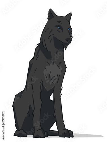 Isolated illustration of black sitting wolf with blue eyes in color