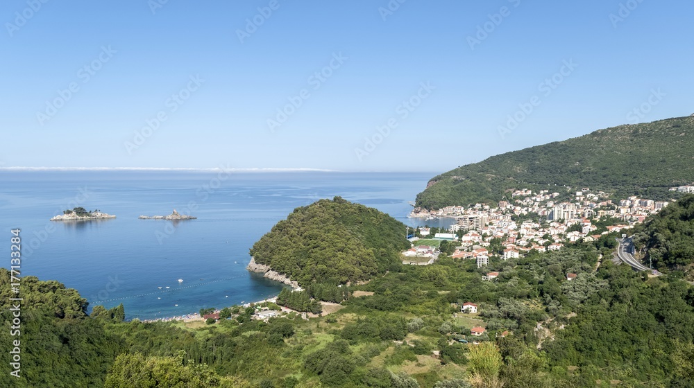 Aerial view of Lucice sandy beach and small town Petrovac in Montenegro