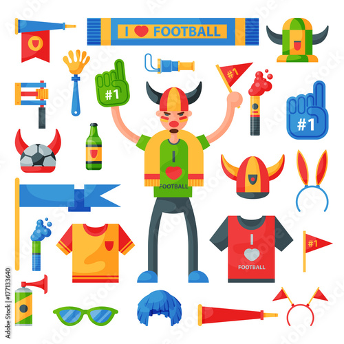 Colored football soccer fan attribute rooter buff man sport character accessories tools to cheer for your favorite team vector illustration.