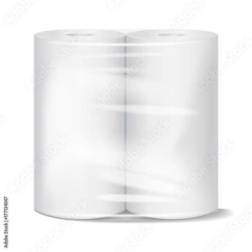 Kitchen paper towel package mockup with transparent wrapping. Vector illustration