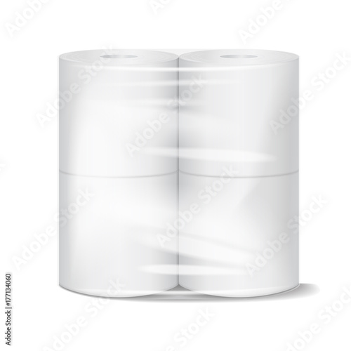Toilet paper package white mock up with transparent wrapping. Vector illustration template