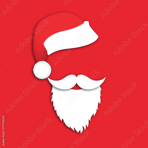Happy New Year and Merry Christmas. Mask Santa Claus with beard, mustache and hat on a red background. Vector illustration