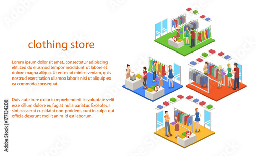 Isometric 3D vector shopping in clothes store